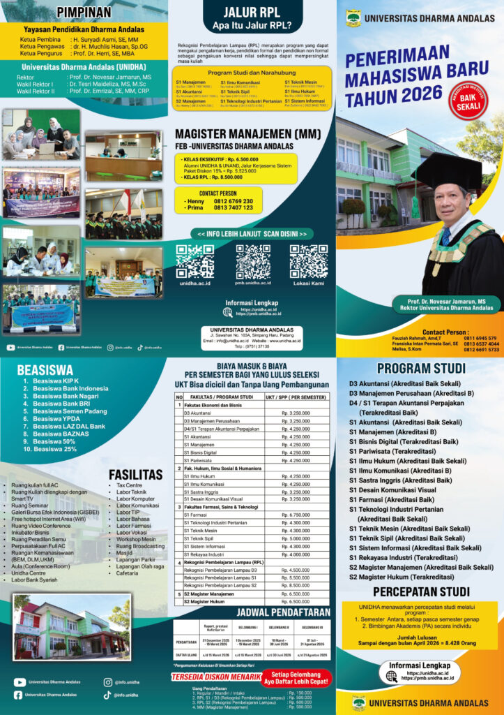 Penerimaan Mahasiswa Baru Program Studi S1 Teknik Mesin Universitas Dharma Penerimaan Mahasiswa Baru Tahun 2026 Program Studi S1 Teknik Mesin Andalas (UNIDHA) Padang Sumatera Barat